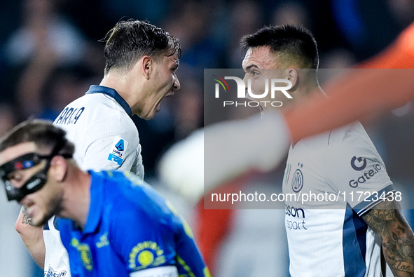 Lautaro Martinez of FC Internazionale celebrates with Nicolo' Barella after scoring third goal during the Serie A Enilive match between Empo...