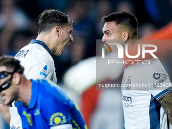 Lautaro Martinez of FC Internazionale celebrates with Nicolo' Barella after scoring third goal during the Serie A Enilive match between Empo...