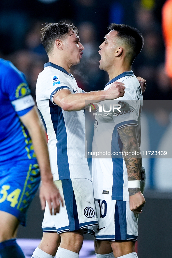 Lautaro Martinez of FC Internazionale celebrates with Nicolo' Barella after scoring third goal during the Serie A Enilive match between Empo...