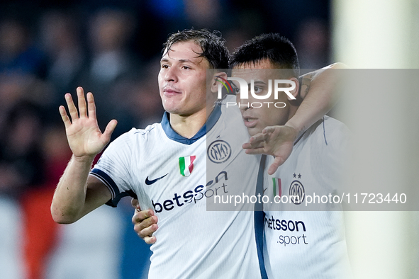 Lautaro Martinez of FC Internazionale celebrates with Nicolo' Barella after scoring third goal during the Serie A Enilive match between Empo...