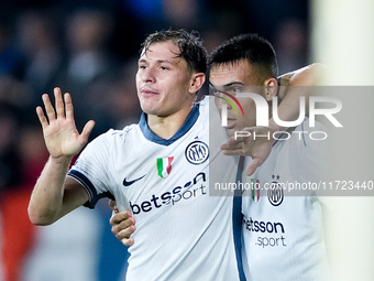 Lautaro Martinez of FC Internazionale celebrates with Nicolo' Barella after scoring third goal during the Serie A Enilive match between Empo...