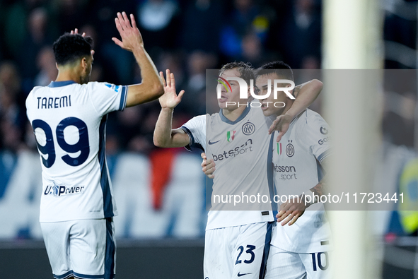 Lautaro Martinez of FC Internazionale celebrates with Nicolo' Barella after scoring third goal during the Serie A Enilive match between Empo...