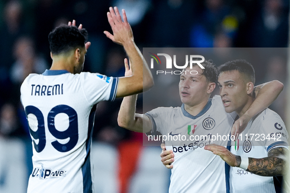 Lautaro Martinez of FC Internazionale celebrates with Nicolo' Barella after scoring third goal during the Serie A Enilive match between Empo...