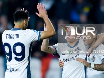 Lautaro Martinez of FC Internazionale celebrates with Nicolo' Barella after scoring third goal during the Serie A Enilive match between Empo...