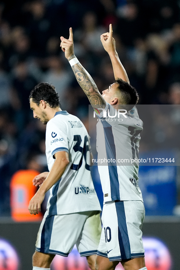 Lautaro Martinez of FC Internazionale celebrates after scoring third goal during the Serie A Enilive match between Empoli FC and FC Internaz...