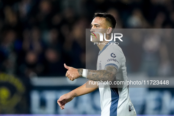 Lautaro Martinez of FC Internazionale gestures during the Serie A Enilive match between Empoli FC and FC Internazionale at Stadio Carlo Cast...