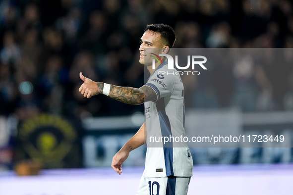 Lautaro Martinez of FC Internazionale gestures during the Serie A Enilive match between Empoli FC and FC Internazionale at Stadio Carlo Cast...