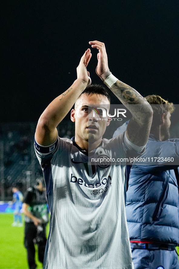 Lautaro Martinez of FC Internazionale greets his supporters at the end of the Serie A Enilive match between Empoli FC and FC Internazionale...