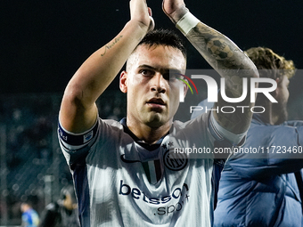 Lautaro Martinez of FC Internazionale greets his supporters at the end of the Serie A Enilive match between Empoli FC and FC Internazionale...