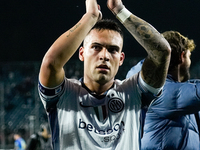 Lautaro Martinez of FC Internazionale greets his supporters at the end of the Serie A Enilive match between Empoli FC and FC Internazionale...