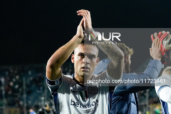 Lautaro Martinez of FC Internazionale greets his supporters at the end of the Serie A Enilive match between Empoli FC and FC Internazionale...