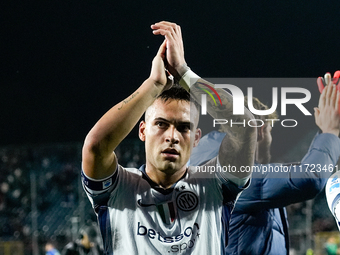 Lautaro Martinez of FC Internazionale greets his supporters at the end of the Serie A Enilive match between Empoli FC and FC Internazionale...