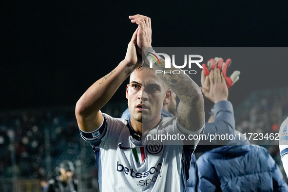 Lautaro Martinez of FC Internazionale greets his supporters at the end of the Serie A Enilive match between Empoli FC and FC Internazionale...