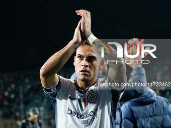 Lautaro Martinez of FC Internazionale greets his supporters at the end of the Serie A Enilive match between Empoli FC and FC Internazionale...