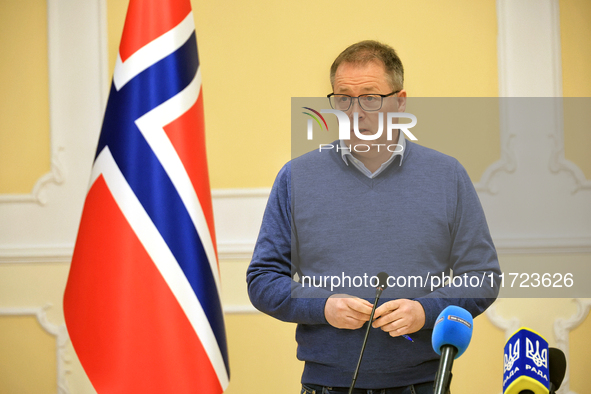 Minister of Defence of the Kingdom of Norway, Bjorn Arild Gram, attends a joint briefing with Minister of Defence of Ukraine, Rustem Umerov,...