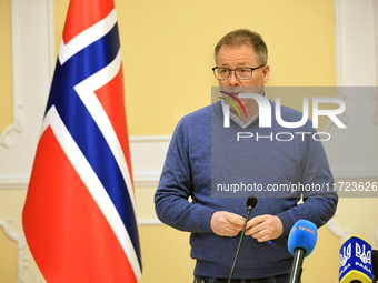 Minister of Defence of the Kingdom of Norway, Bjorn Arild Gram, attends a joint briefing with Minister of Defence of Ukraine, Rustem Umerov,...