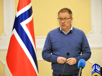 Minister of Defence of the Kingdom of Norway, Bjorn Arild Gram, attends a joint briefing with Minister of Defence of Ukraine, Rustem Umerov,...