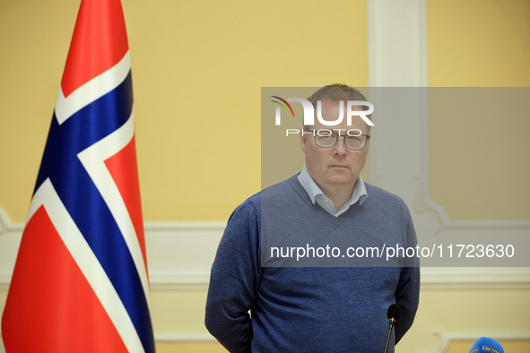 Minister of Defence of the Kingdom of Norway, Bjorn Arild Gram, attends a joint briefing with Minister of Defence of Ukraine, Rustem Umerov,...