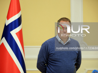 Minister of Defence of the Kingdom of Norway, Bjorn Arild Gram, attends a joint briefing with Minister of Defence of Ukraine, Rustem Umerov,...