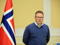 Minister of Defence of the Kingdom of Norway, Bjorn Arild Gram, attends a joint briefing with Minister of Defence of Ukraine, Rustem Umerov,...