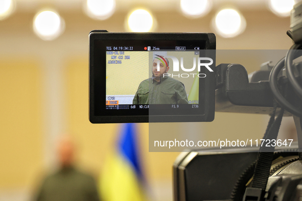 In Odesa, Ukraine, on October 30, 2024, the Minister of Defence of Ukraine, Rustem Umerov, appears on the camera monitor during a joint brie...