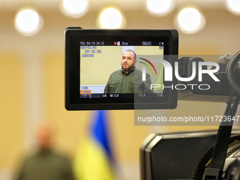 In Odesa, Ukraine, on October 30, 2024, the Minister of Defence of Ukraine, Rustem Umerov, appears on the camera monitor during a joint brie...