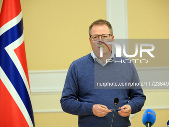 Minister of Defence of the Kingdom of Norway, Bjorn Arild Gram, attends a joint briefing with Minister of Defence of Ukraine, Rustem Umerov,...