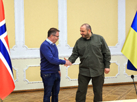 In Odesa, Ukraine, on October 30, 2024, the Minister of Defence of Ukraine, Rustem Umerov, shakes hands with the Minister of Defence of the...