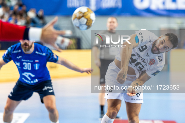 Hugo Descat  is playing during the match EHF Champions League Men match between  Orlen Wisla Plock and Veszprem HC in Plock, Poland on Octob...