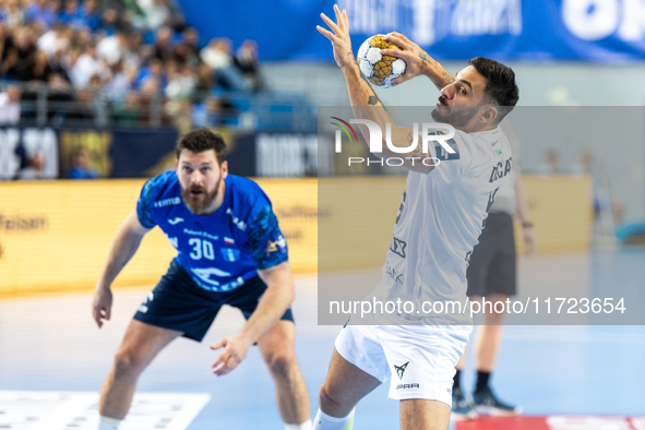 Hugo Descat  is playing during the match EHF Champions League Men match between  Orlen Wisla Plock and Veszprem HC in Plock, Poland on Octob...