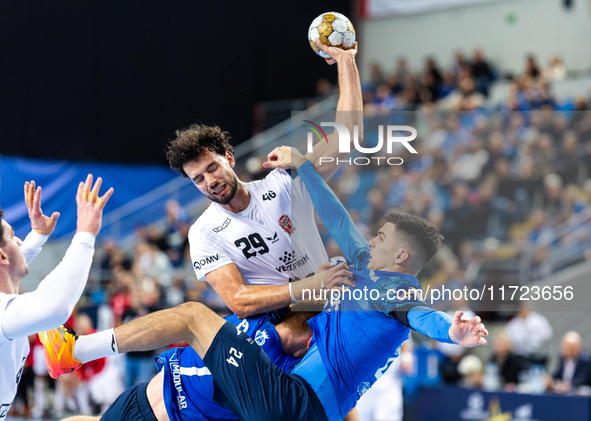 Nedim Remili and Gergo Fazekas are playing during the match EHF Champions League Men match between  Orlen Wisla Plock and Veszprem HC in Plo...