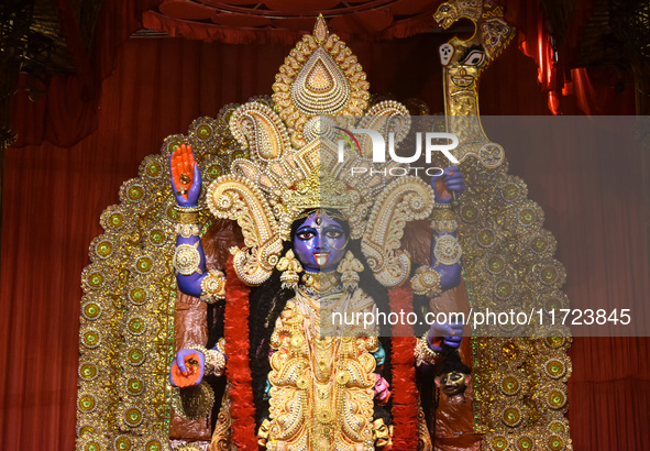 An idol of the Hindu goddess Kali is seen at a pandal during the Kali Puja festival in Kolkata, India, on October 30, 2024. 