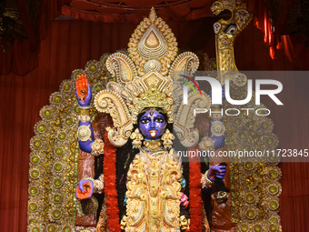 An idol of the Hindu goddess Kali is seen at a pandal during the Kali Puja festival in Kolkata, India, on October 30, 2024. (