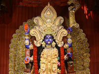 An idol of the Hindu goddess Kali is seen at a pandal during the Kali Puja festival in Kolkata, India, on October 30, 2024. (