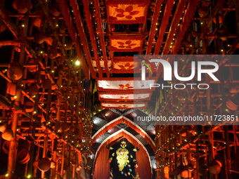 An idol of the Hindu goddess Kali is seen at a pandal during the Kali Puja festival in Kolkata, India, on October 30, 2024. (