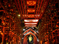 An idol of the Hindu goddess Kali is seen at a pandal during the Kali Puja festival in Kolkata, India, on October 30, 2024. (