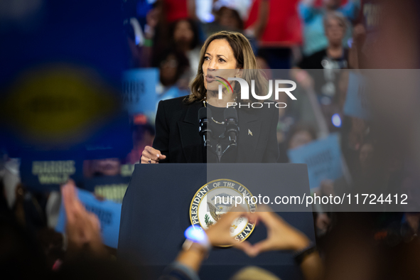 Vice President Kamala Harris soeaks during a get out the vote rally in Harrisburg, PA, on October 30, 2024.  Harris and her running mate, Mi...