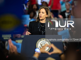 Vice President Kamala Harris soeaks during a get out the vote rally in Harrisburg, PA, on October 30, 2024.  Harris and her running mate, Mi...