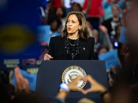 Vice President Kamala Harris soeaks during a get out the vote rally in Harrisburg, PA, on October 30, 2024.  Harris and her running mate, Mi...