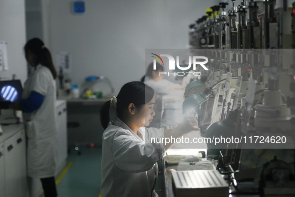 Employees process medical endoscope lenses at the production workshop of Hangzhou HAoke Optoelectronic Instrument Co., LTD., located in Suoq...