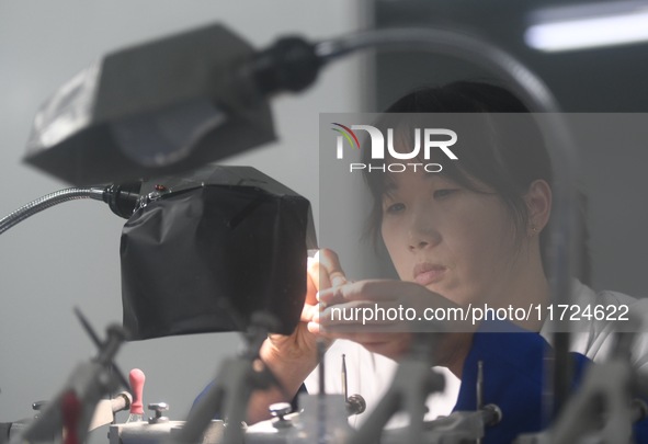 An employee processes medical endoscope lenses at the production workshop of Hangzhou HAoke Optoelectronic Instrument Co., LTD., located in...