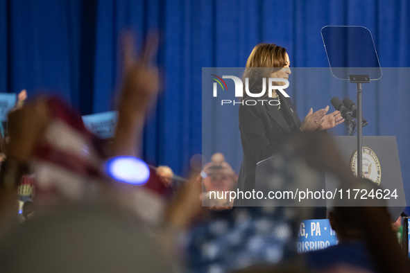 Vice President Kamala Harris speaks during a get out the vote rally in Harrisburg, PA, on October 30, 2024.  Harris and her running mate, Mi...