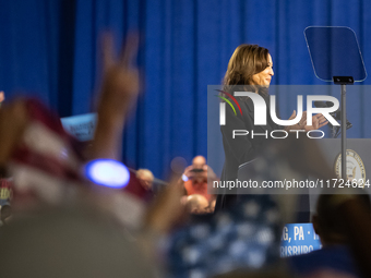 Vice President Kamala Harris speaks during a get out the vote rally in Harrisburg, PA, on October 30, 2024.  Harris and her running mate, Mi...