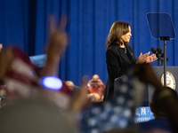 Vice President Kamala Harris speaks during a get out the vote rally in Harrisburg, PA, on October 30, 2024.  Harris and her running mate, Mi...