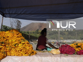 Women sell Cempasuchil flowers in the Tlahuac municipality in Mexico City, Mexico, on October 30, 2024, for the Day of the Dead on November...