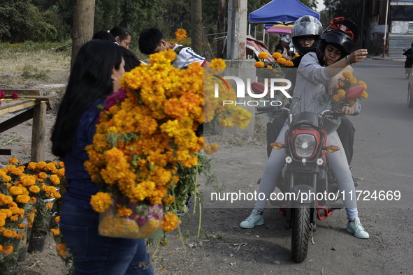 People attend a store to buy Cempasuchil flowers in the Tlahuac municipality in Mexico City, Mexico, on October 30, 2024, for the Day of the...