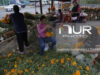 Women sell Cempasuchil flowers in the Tlahuac municipality in Mexico City, Mexico, on October 30, 2024, for the Day of the Dead on November...