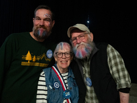 A trio of Pennsylvanians show their enthusiasm for Vice President Kamala Harris at a get out the vote rally in Harrisburg, PA, on October 30...