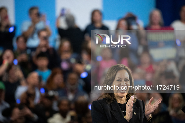 Vice President Kamala Harris speaks at a get out the vote rally in Harrisburg, PA, on October 30, 2024.  Harris and her running mate, Minnes...