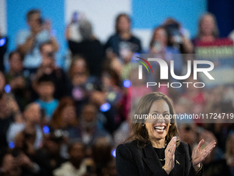 Vice President Kamala Harris speaks at a get out the vote rally in Harrisburg, PA, on October 30, 2024.  Harris and her running mate, Minnes...